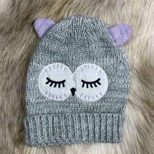 Gray and Purple Owl Knit Beanie for Kids